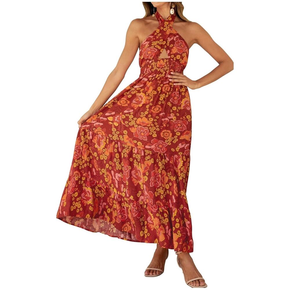ZESICA Crossover Halter Neck Cut Out Summer Dress Orangerust Floral, Women's S